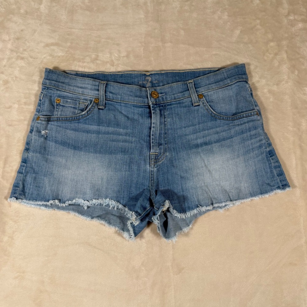 7 For All Mankind Denim Shorts Womens 29 Blue Excellent Cut Off Frayed Raw Hem - Picture 1 of 8